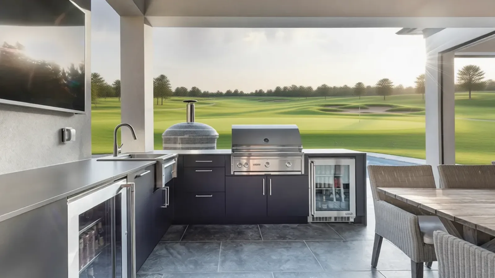 Outdoor kitchen with a built-in grill and stone countertop in Atlanta, GA